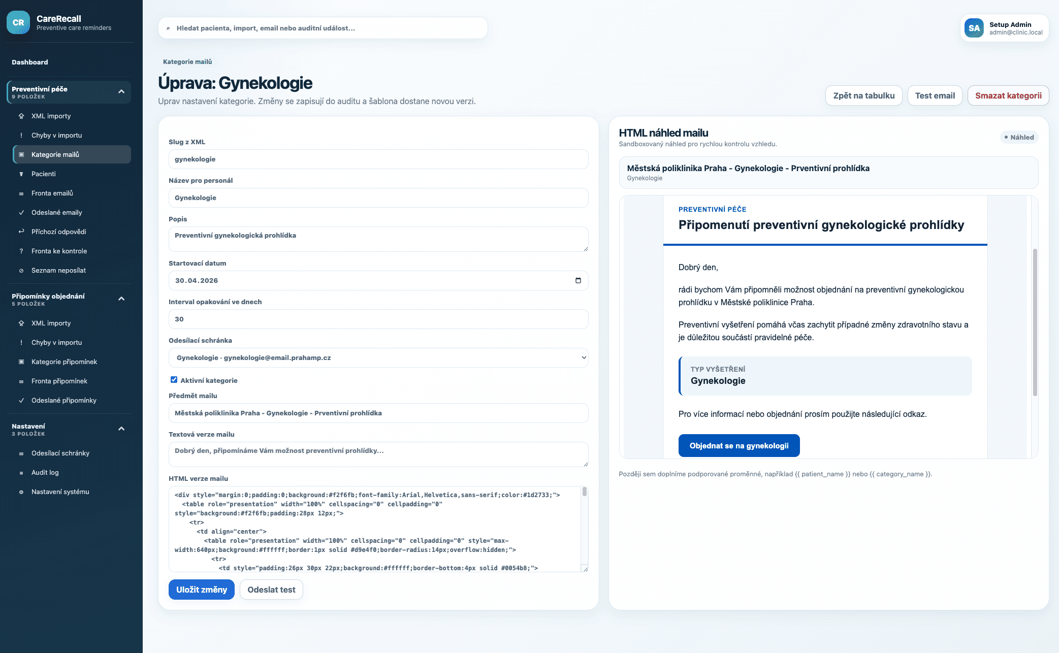 CareRecall editace kategorie preventivní péče s HTML náhledem e-mailu